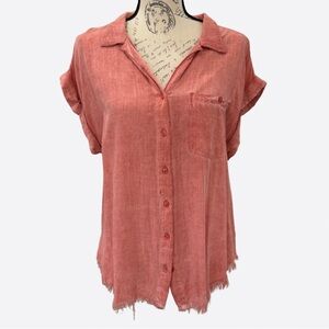 Umgee Salmon Button Down Top with Frayed Hem